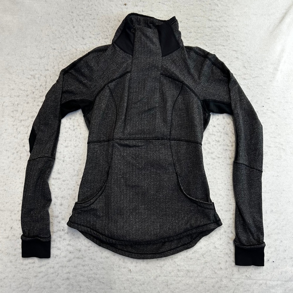 Lululemon Herringbone Pullover Jacket Womens Size 4 Black Gray Mock Neck